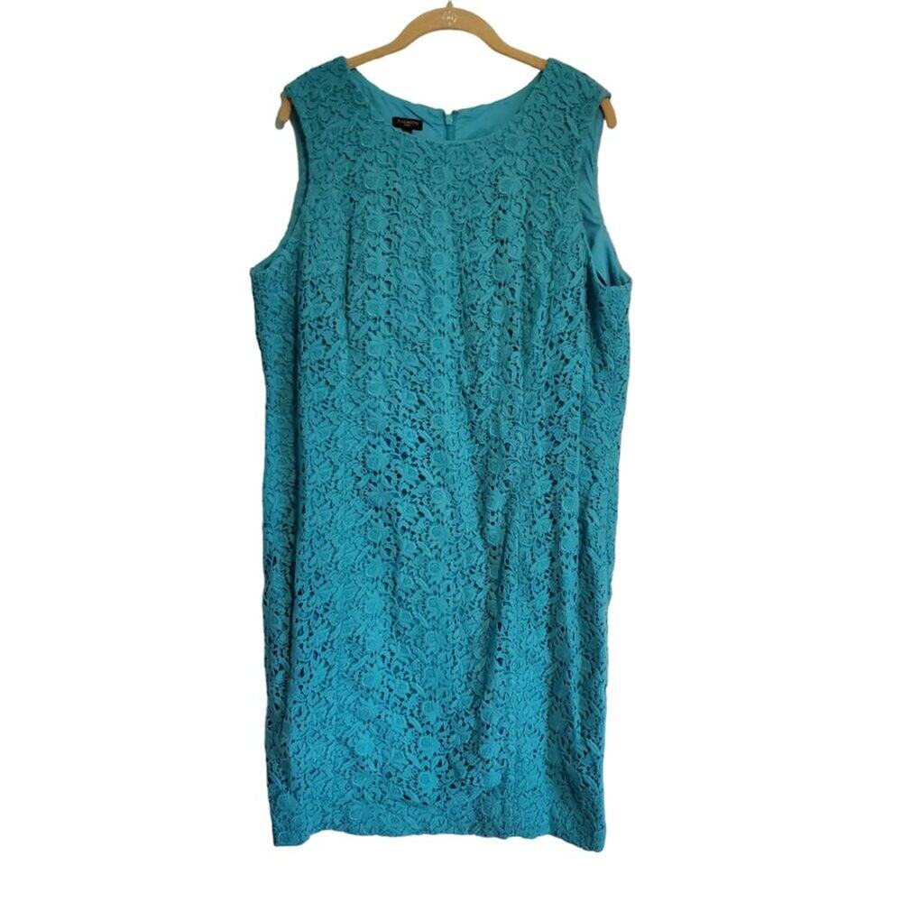 Talbots Turquoise Sleeveless Knee Length Shift Dress Floral Knit Lace Overlay